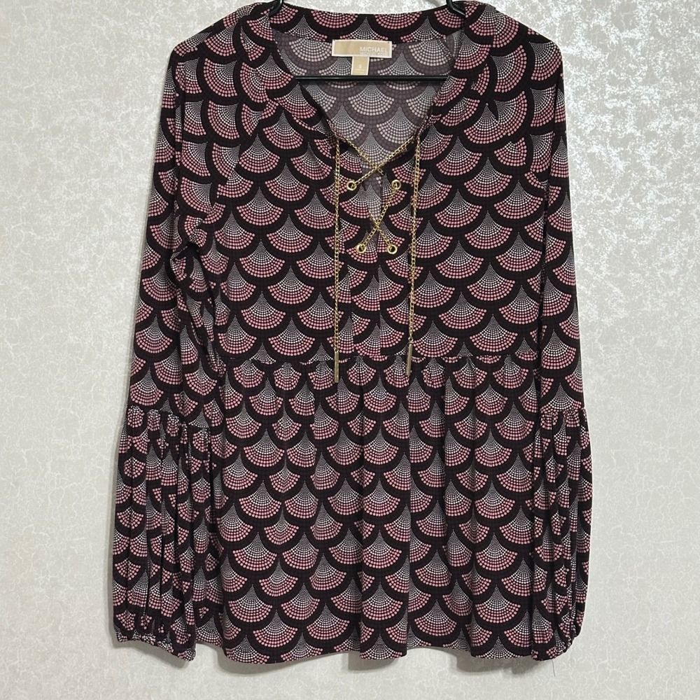 Michael Kors Blouse Top Puff Long Sleeve Gold Chain Scale Print Animal Pattern S